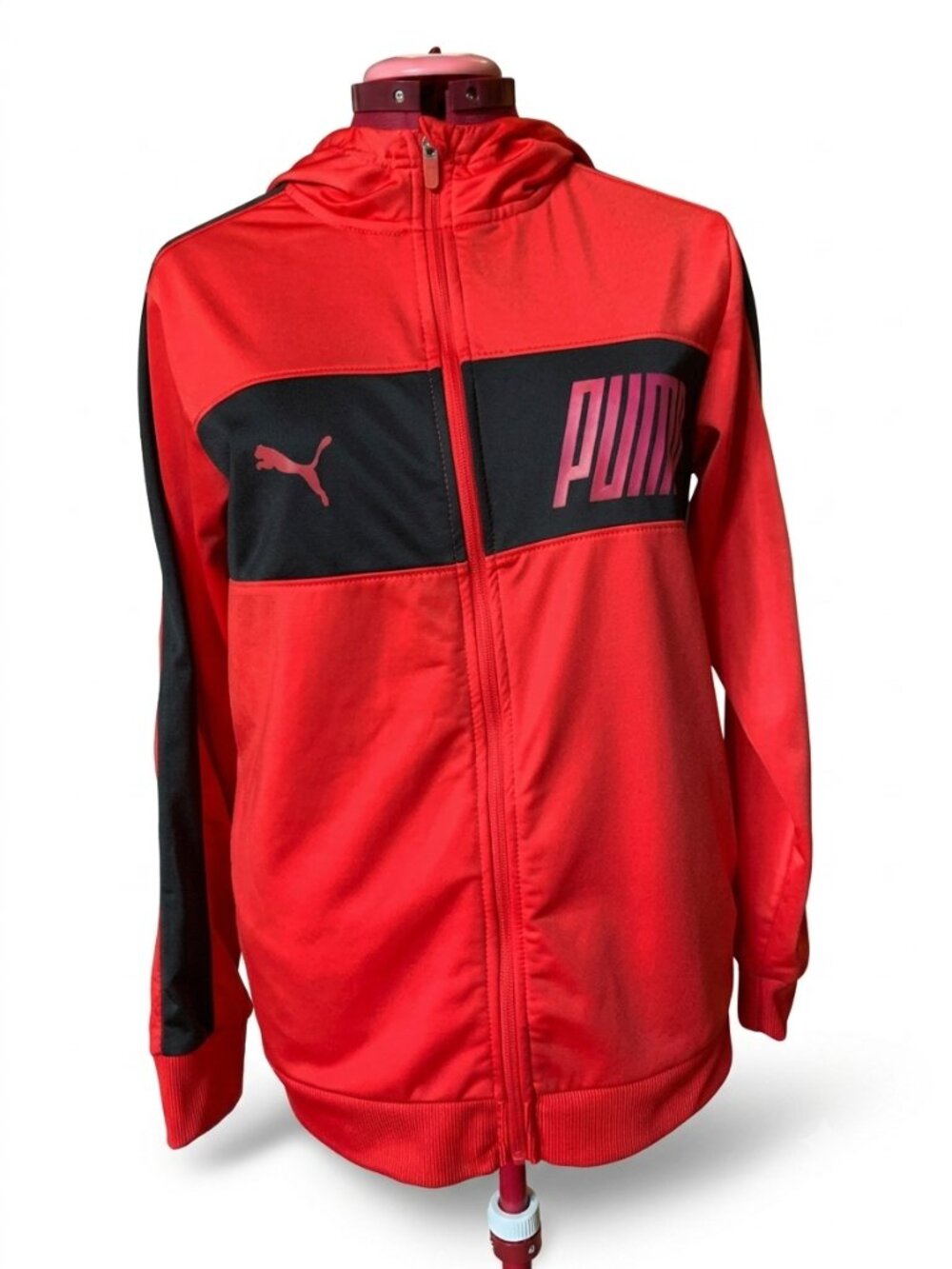 PUMA - Red Black Colorblock Full-Zip Hooded Track Jacket – Youth Size XL (18-20 - Picture 2 of 15